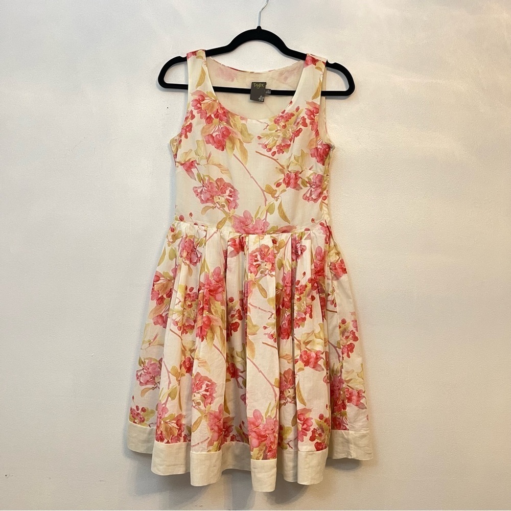 Taylor Floral Feminine Fit and Flare Cotton Lightweight Cream and Pink Dress 2